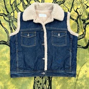 Liz Claiborne Lizwear Jeans vintage denim Sherpa vest dark blue & oatmeal size M